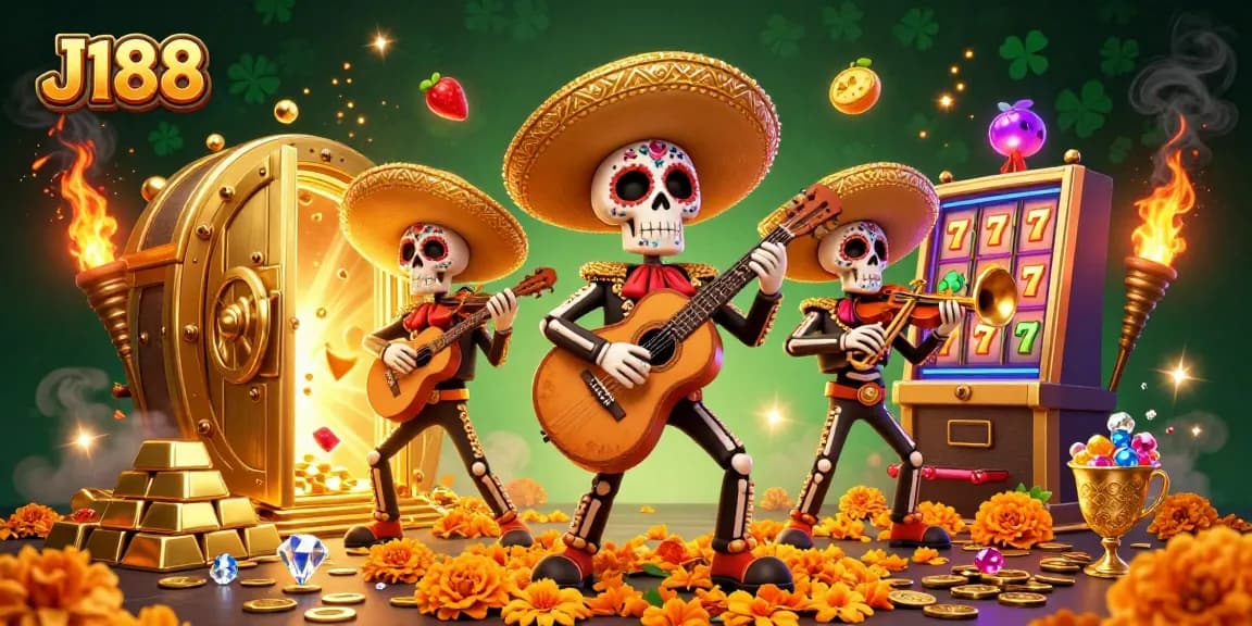 Experience the vibrant J188 with a mariachi band celebrating winning slots amidst gold treasures.