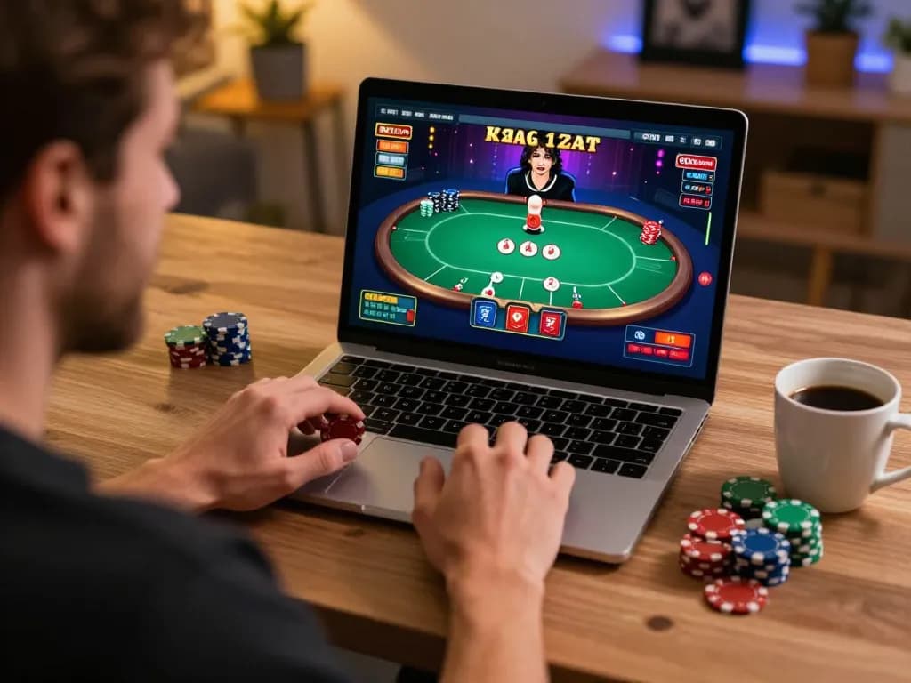 Player engaged in a thrilling hit club online poker game at home, showcasing strategy and excitement.