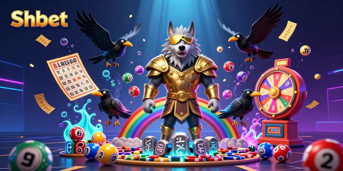Shbet engages players with dynamic lottery balls, vibrant prize wheels, and Norse mythology characters in a captivating casino scene.