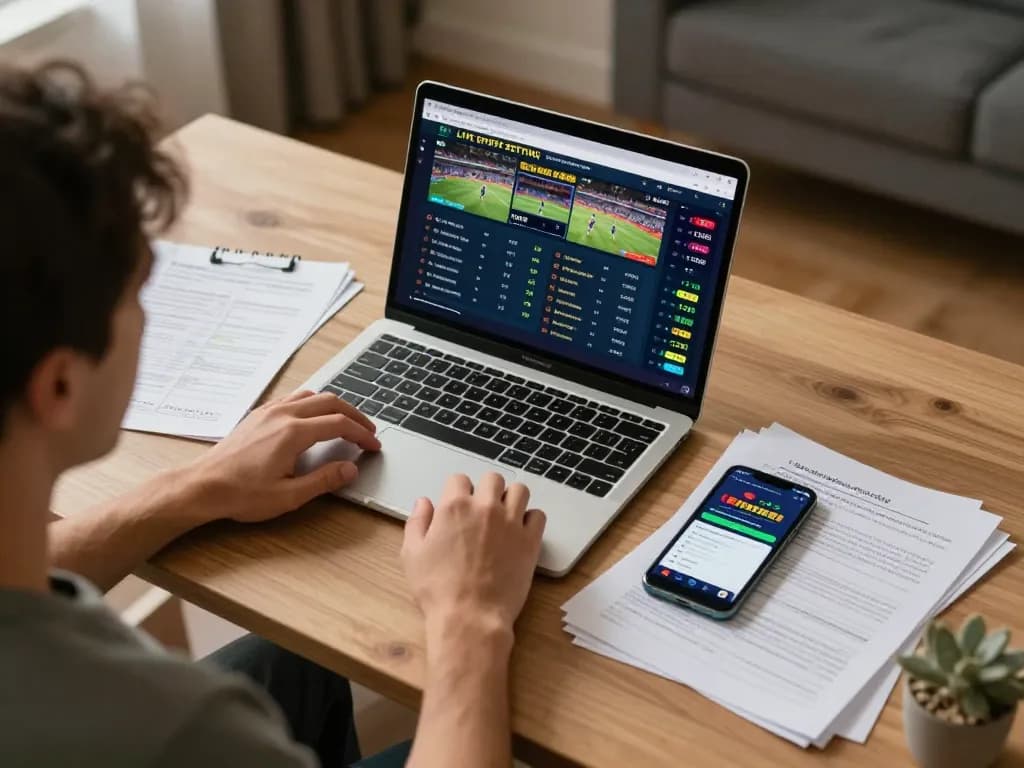 Engaged player using keonhacaii88 for live sports betting on a laptop with strategic notes.