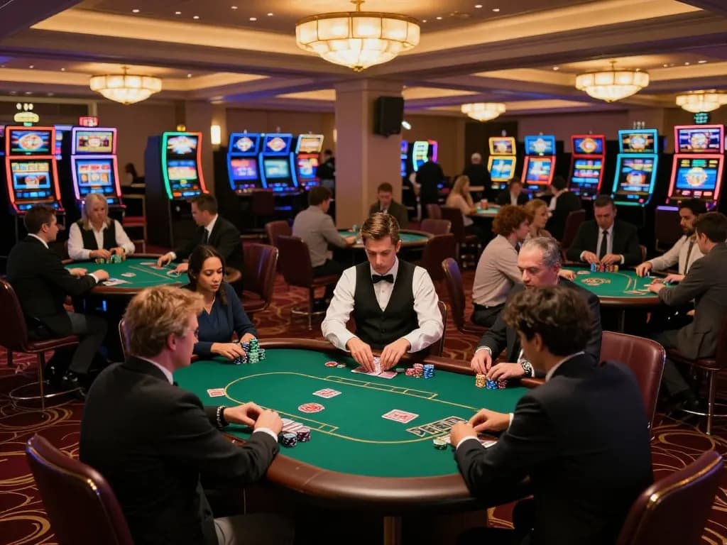 Players engaging at a poker table in a vibrant casino setting, showcasing the excitement of online gambling at https://kjc365.com/ with professional dealers and dynamic gameplay.