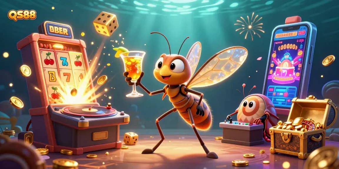 Win big with slots and games at QS88 featuring lively characters in a vibrant casino scene.