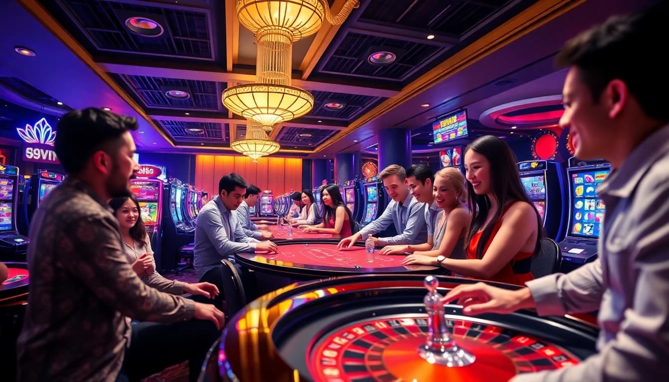 Exciting gaming scene at 69VN featuring diverse players and vibrant casino atmosphere.