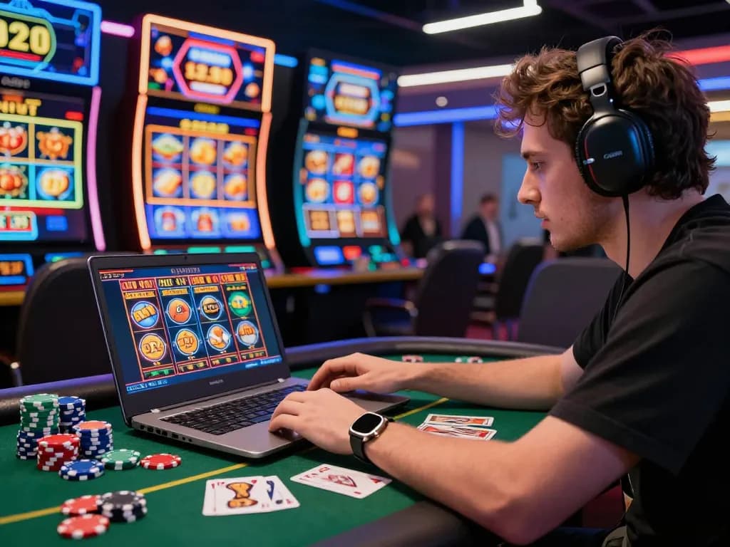 Engaged player using MM88 online casino platform with vibrant gaming graphics.