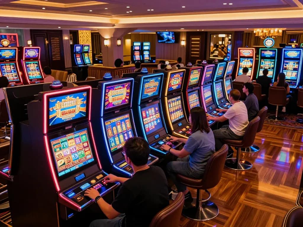 Players enjoying vibrant slot machines at 81ff casino with engaging atmosphere and colorful screens.