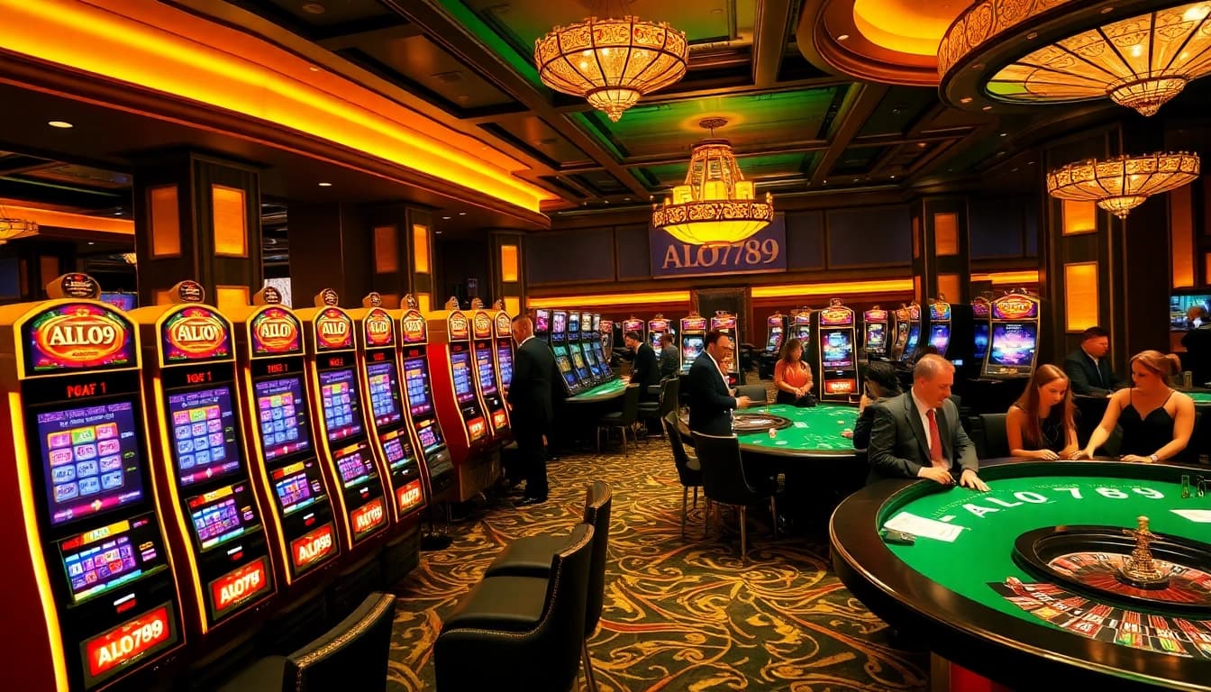 Players enjoying the thrill of ALO789 gaming in a stylish casino atmosphere with vibrant slot machines.