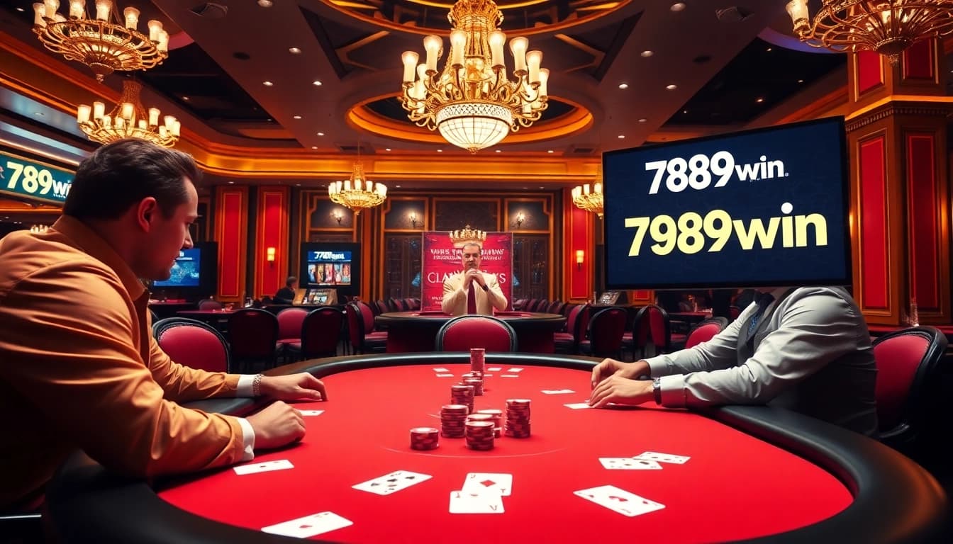 Exciting poker game featuring the 789win game logo amidst a dazzling casino backdrop.