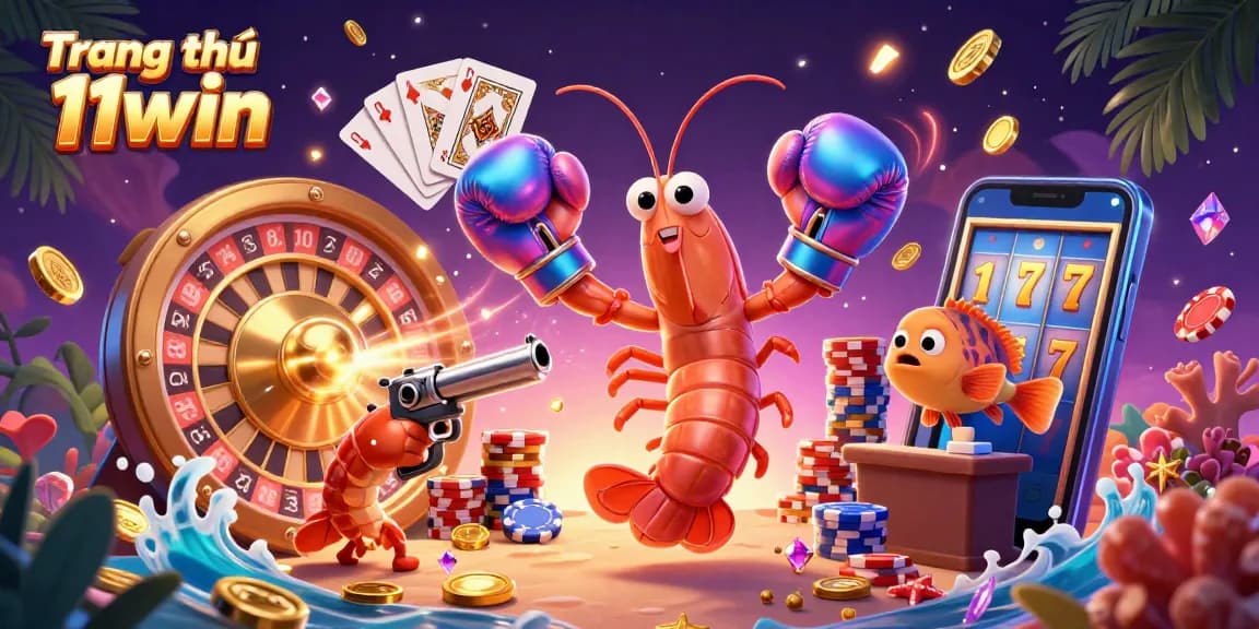 Engage with Trang chủ 11win's vibrant 3D casino scene featuring a dynamic mantis shrimp duo and magical game elements.