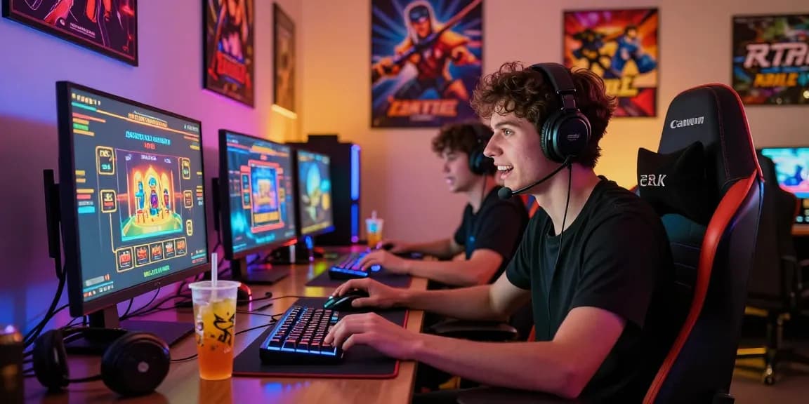 Exciting scene of a gamer playing online casino games after đăng ký HELLO88 with vibrant LED lights and immersive setup.