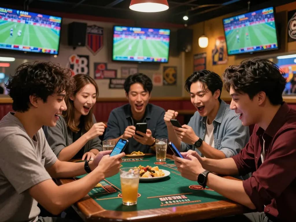 Excited friends discussing tỷ lệ kèo nhà cái in a lively sports bar with screens showing live games.