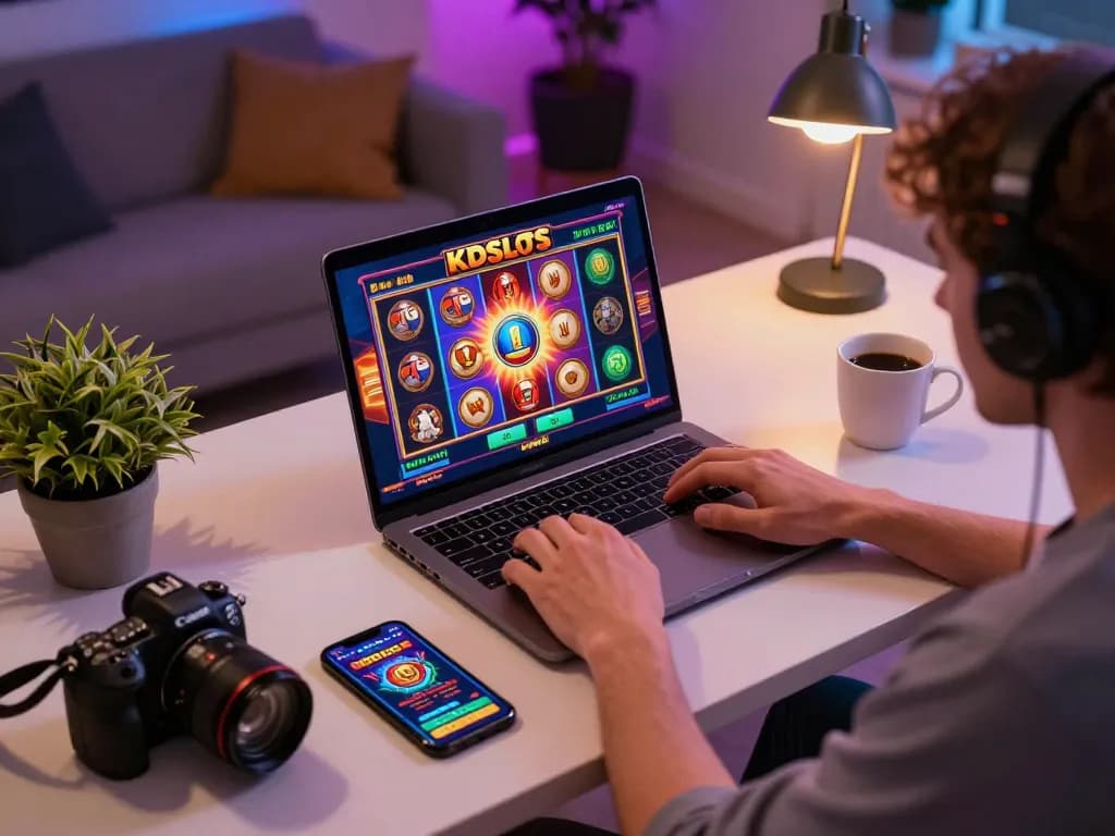 KDSlots player enjoying a vivid online gaming experience with colorful slot graphics.