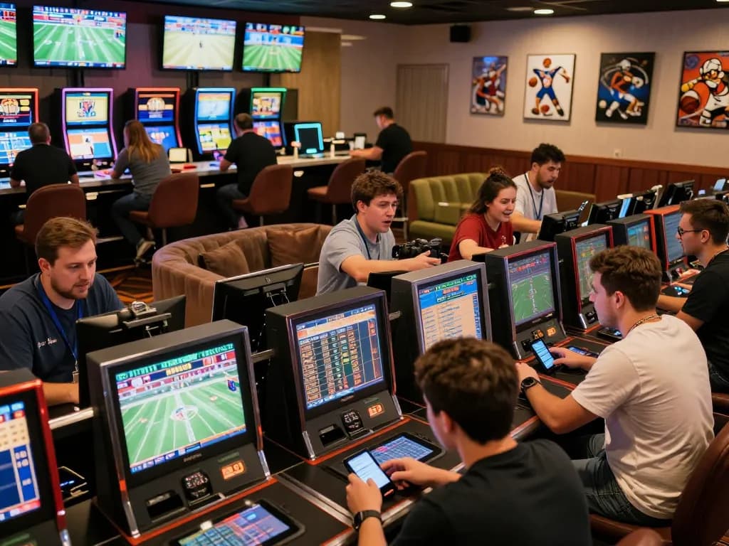 Engaged players placing bets on qq88 sports betting app, dynamic casino atmosphere.
