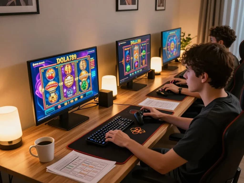 DOLA789 player engaging in online casino gaming with vibrant interface, cozy setup