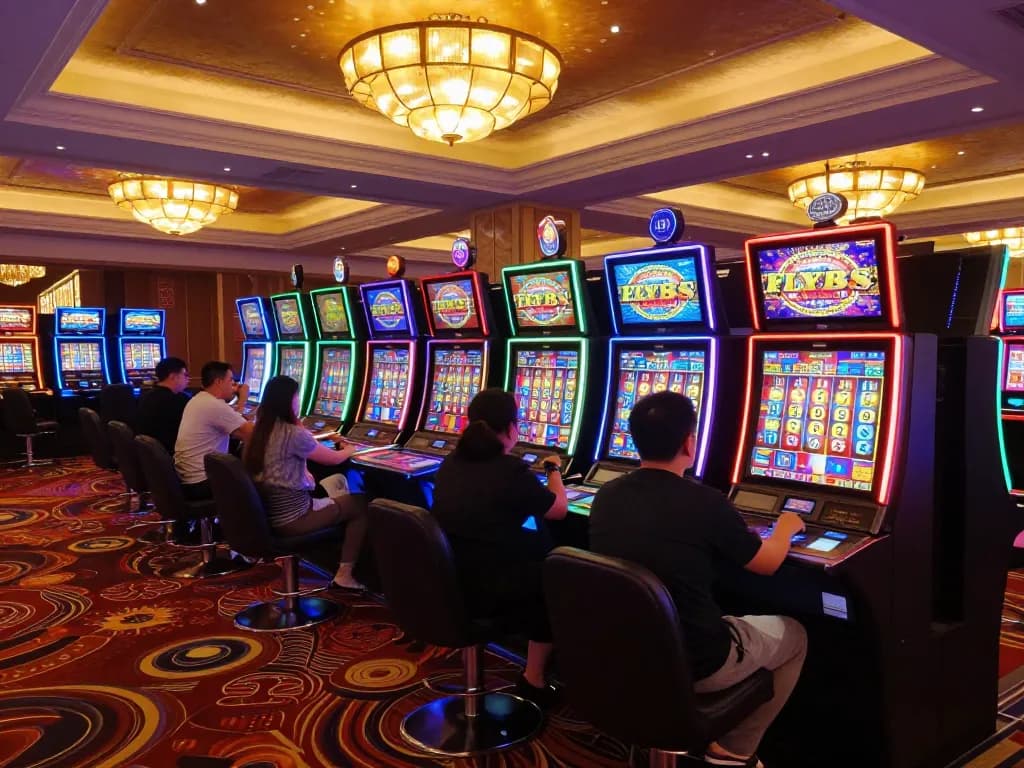 Fly88 rocks players enjoying vibrant slot machines in lively casino atmosphere.