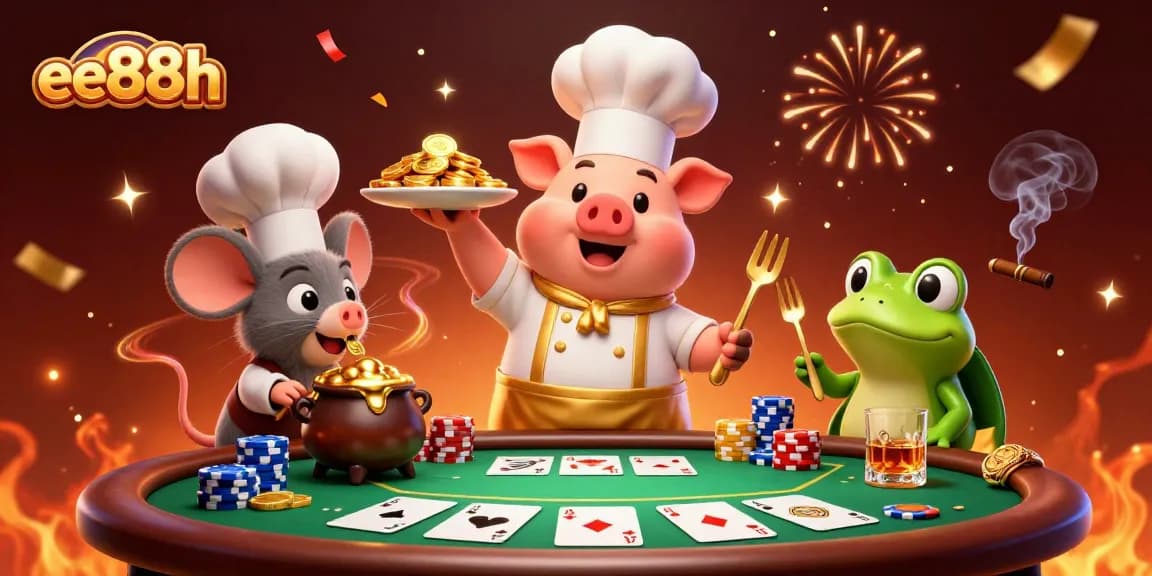 Join the fun at ee88h as a chef pig serves gold coins in a lively casino scene!
