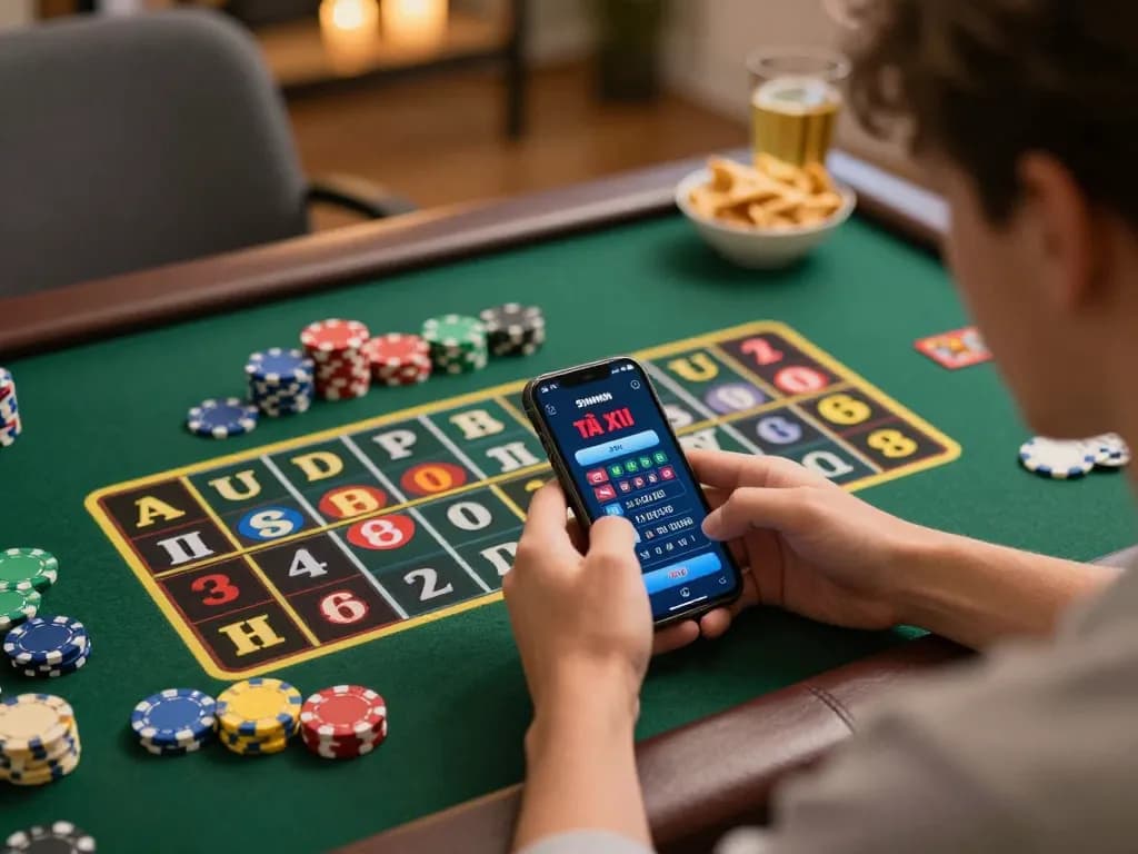 Tài Xỉu Sunwin player engaged in online gaming strategy, showcasing colorful chips and cozy atmosphere.