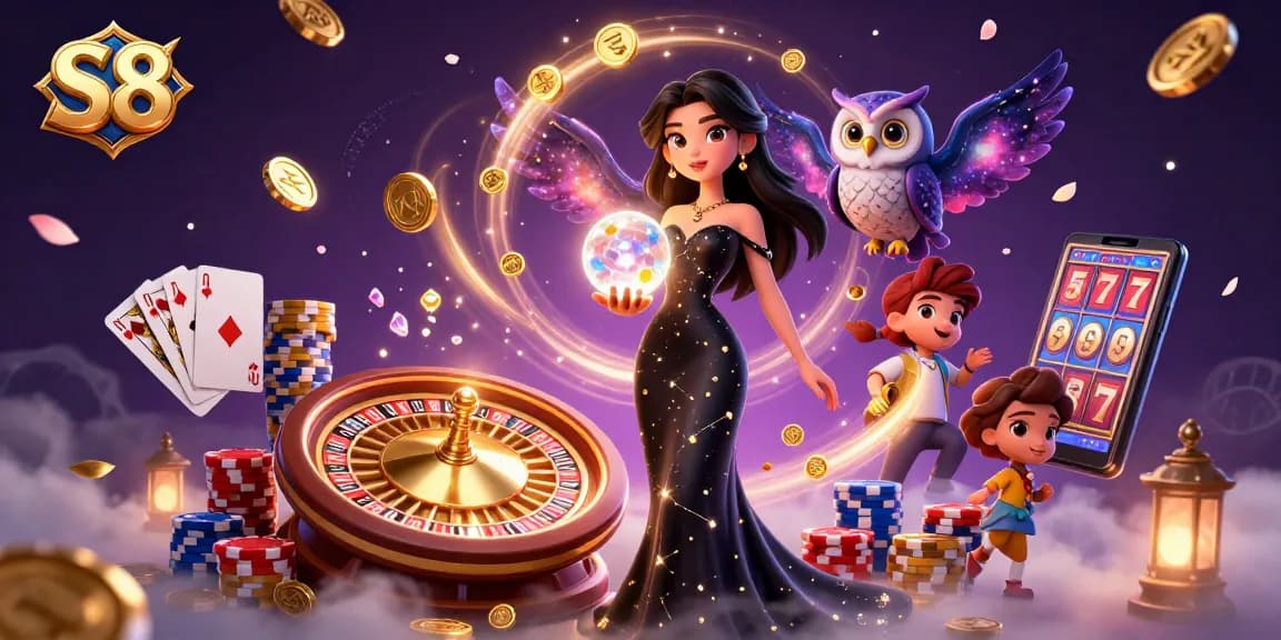 S8 spins vibrant roulette while a woman in a dazzling gown orchestrates luck with her crystal ball.