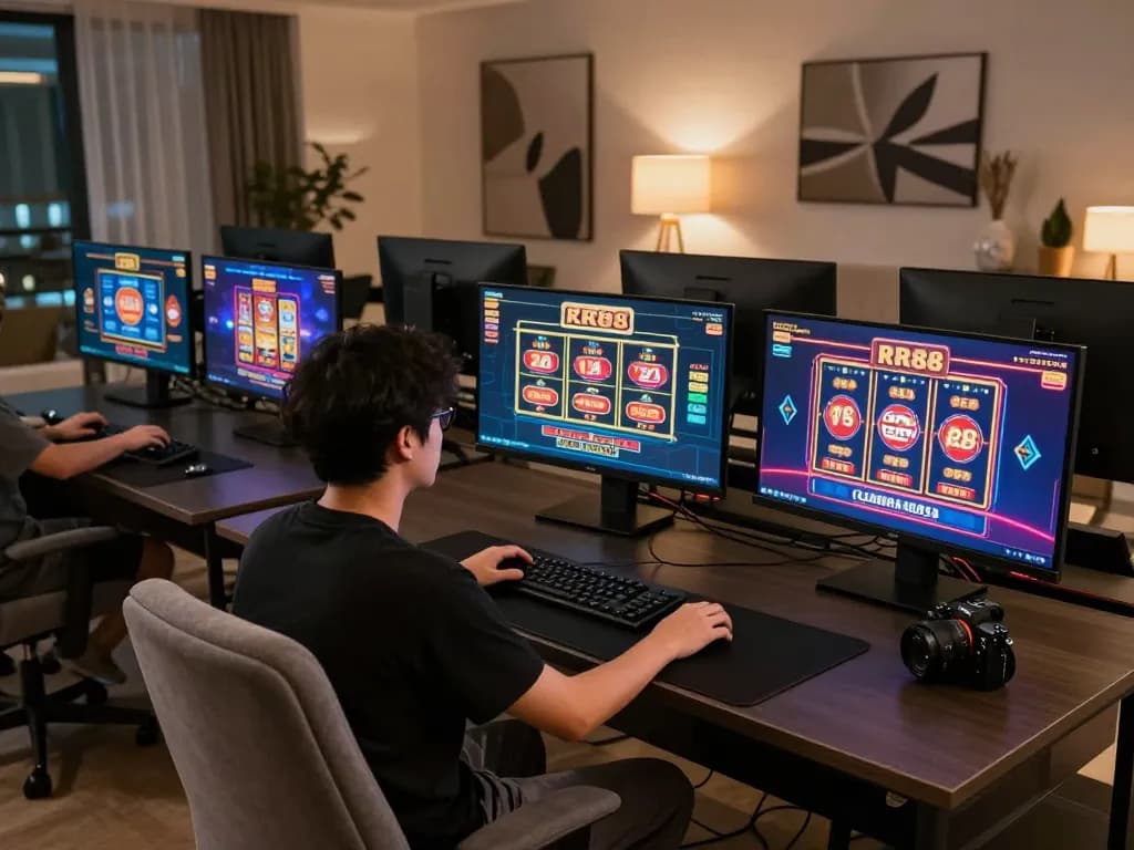 Engaged player enjoying RR88 casino games on multiple screens in a cozy gaming setup