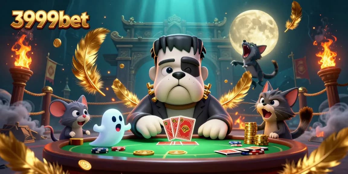 Experience thrilling gameplay with 3999bet while a Frankenstein bulldog monster deals cards at a spooky table.
