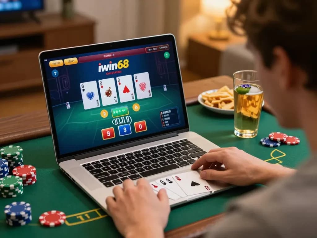 Player enjoying an online blackjack game on iwin68, showcasing strategic play in a cozy home setting