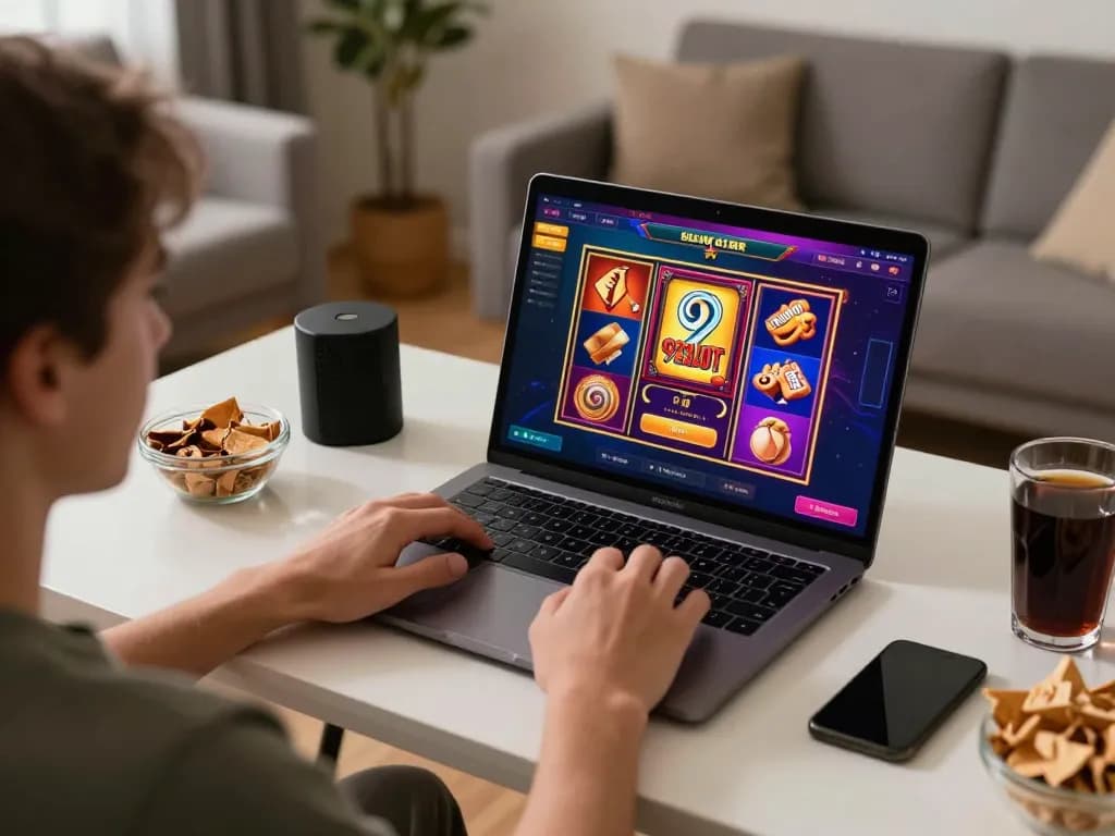 A player enjoying the online gaming experience at 92slot with a vibrant laptop screen in a cozy home environment.