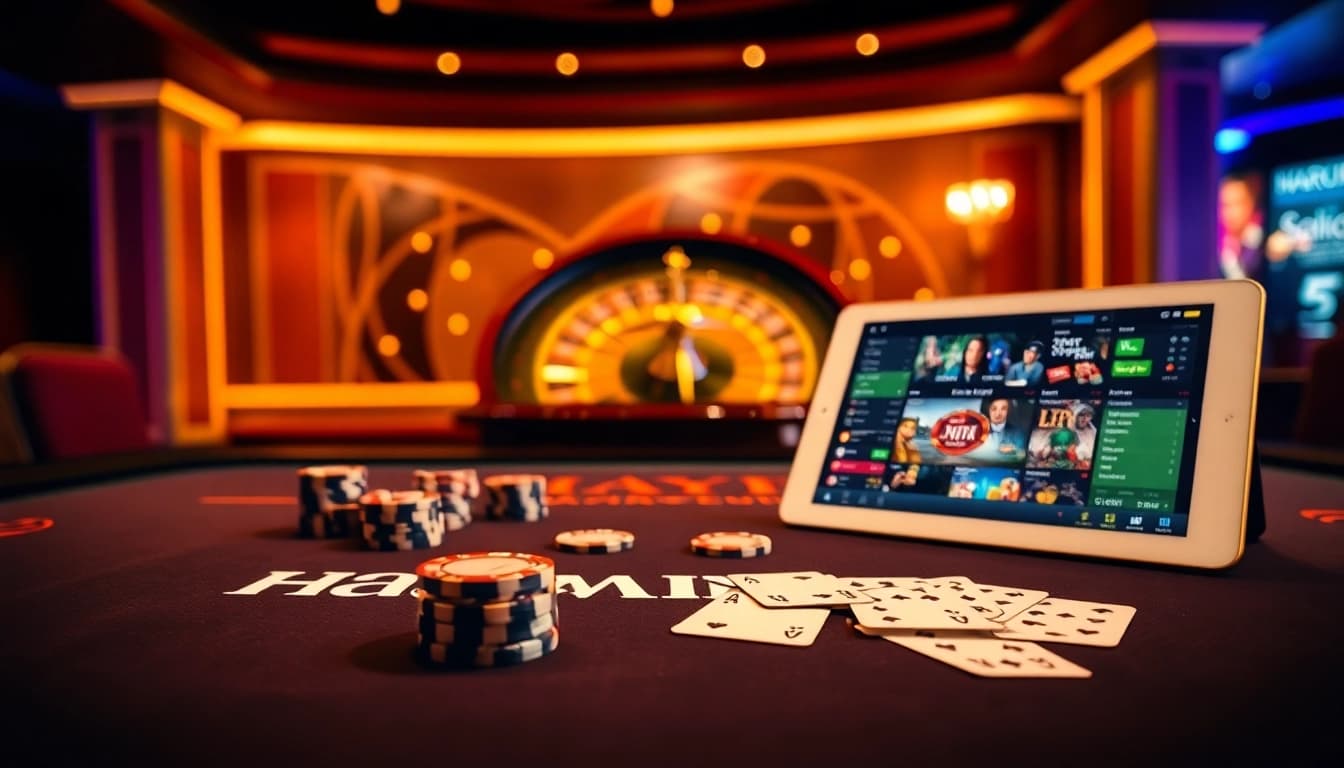 Experience the excitement of HAYBET with luxurious poker chips and a spinning roulette wheel.
