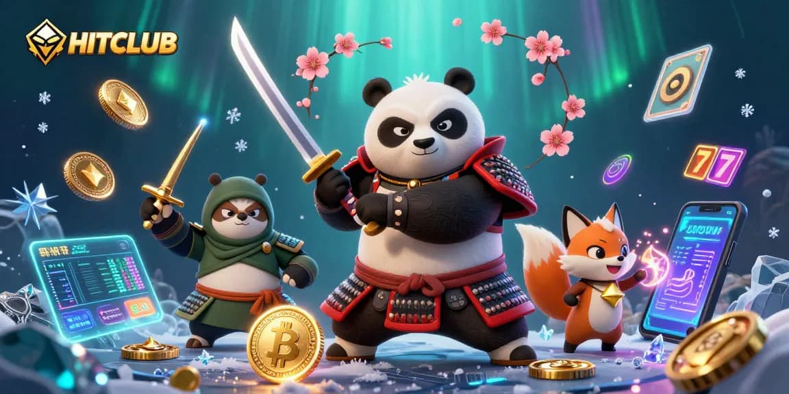 Experience thrilling gameplay at HITCLUB with a vibrant 3D illustration of samurai, ninja, and tanuki.