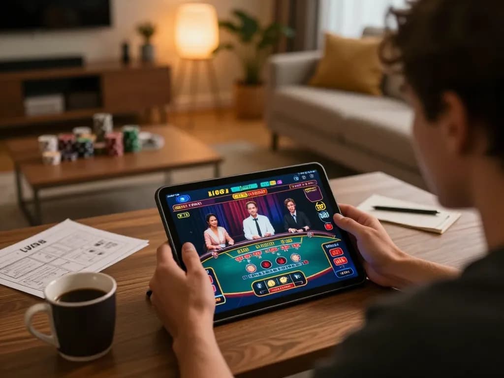 Engaging in an online gaming session on LV88, showcasing a live dealer game interface and strategic planning.