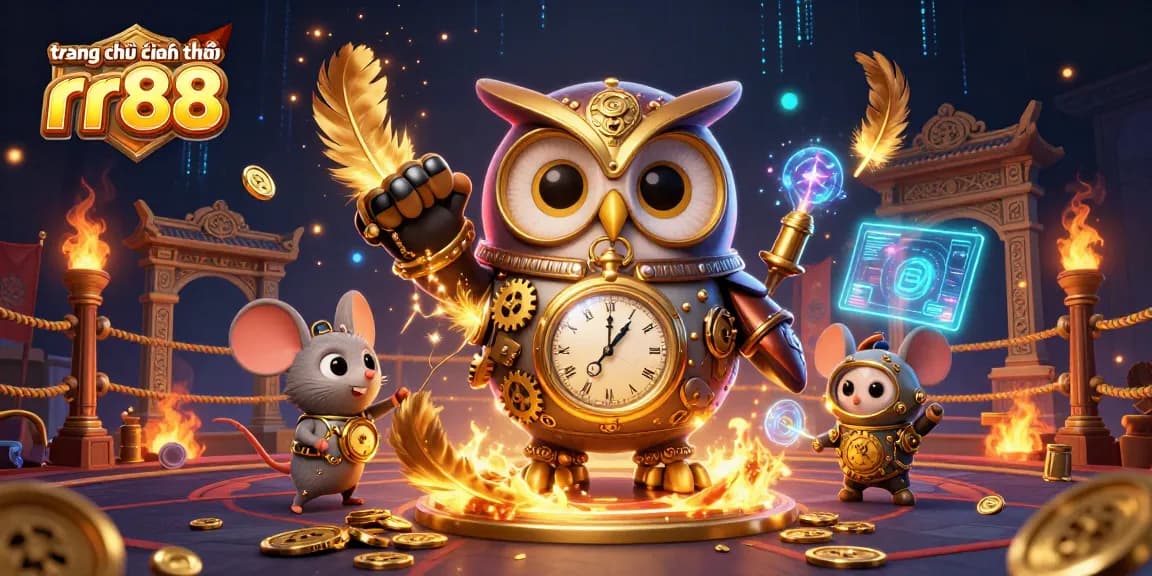 Experience the thrill of gaming at trang chủ chính thức rr88 with a dazzling illustration of a steampunk owl and mouse in a vibrant casino setting.