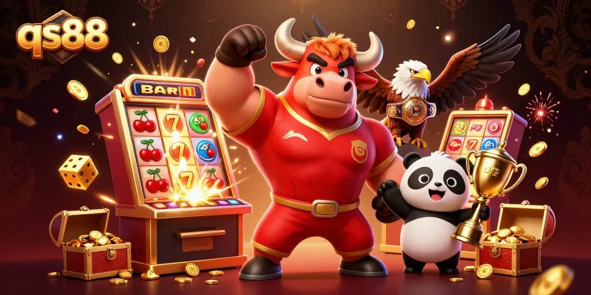 Experience high-stakes gameplay with qs88, featuring a vibrant victory scene of a bull mascot and two dynamic characters.