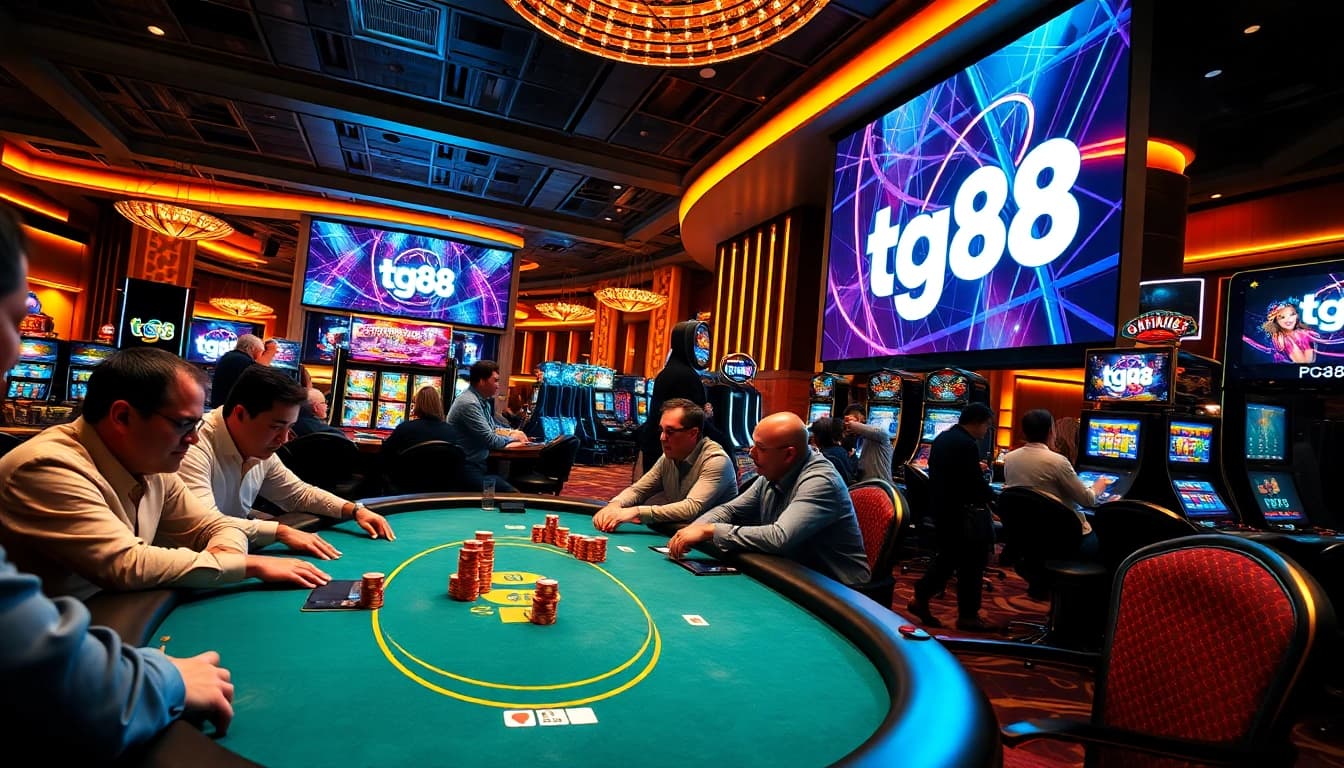 Experience thrilling gameplay at TG88 Casino, featuring vibrant slot machines and intense poker action.