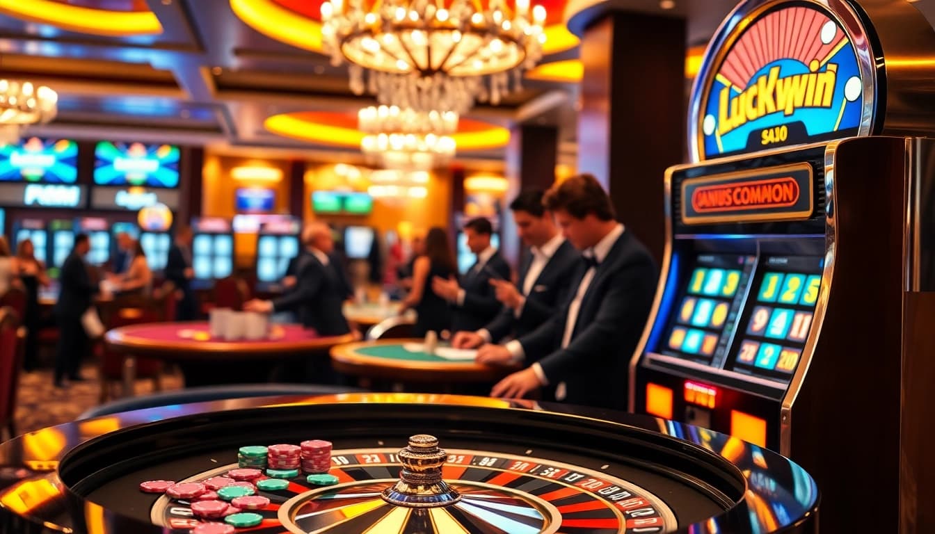 Experience the thrill of winning at LuckyWin's premier casino with vibrant slot machines and lively players.