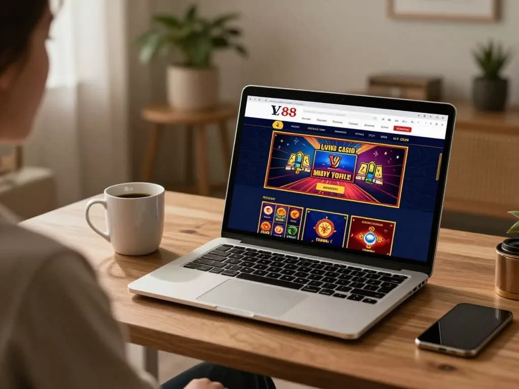 Person playing online slots on trang chủ lv88 in a cozy home office environment