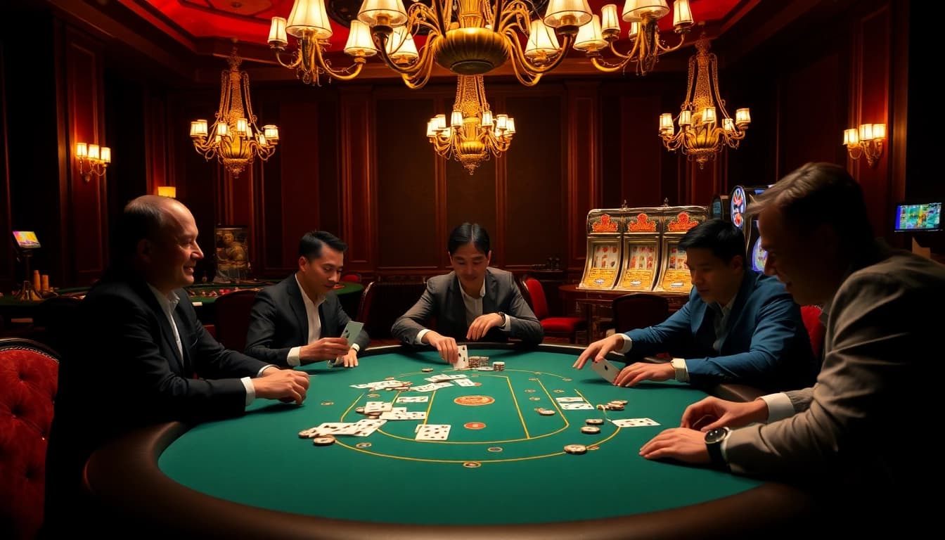 Gamblers enjoying a thrilling poker game at Nhà cái 33win's luxurious casino.