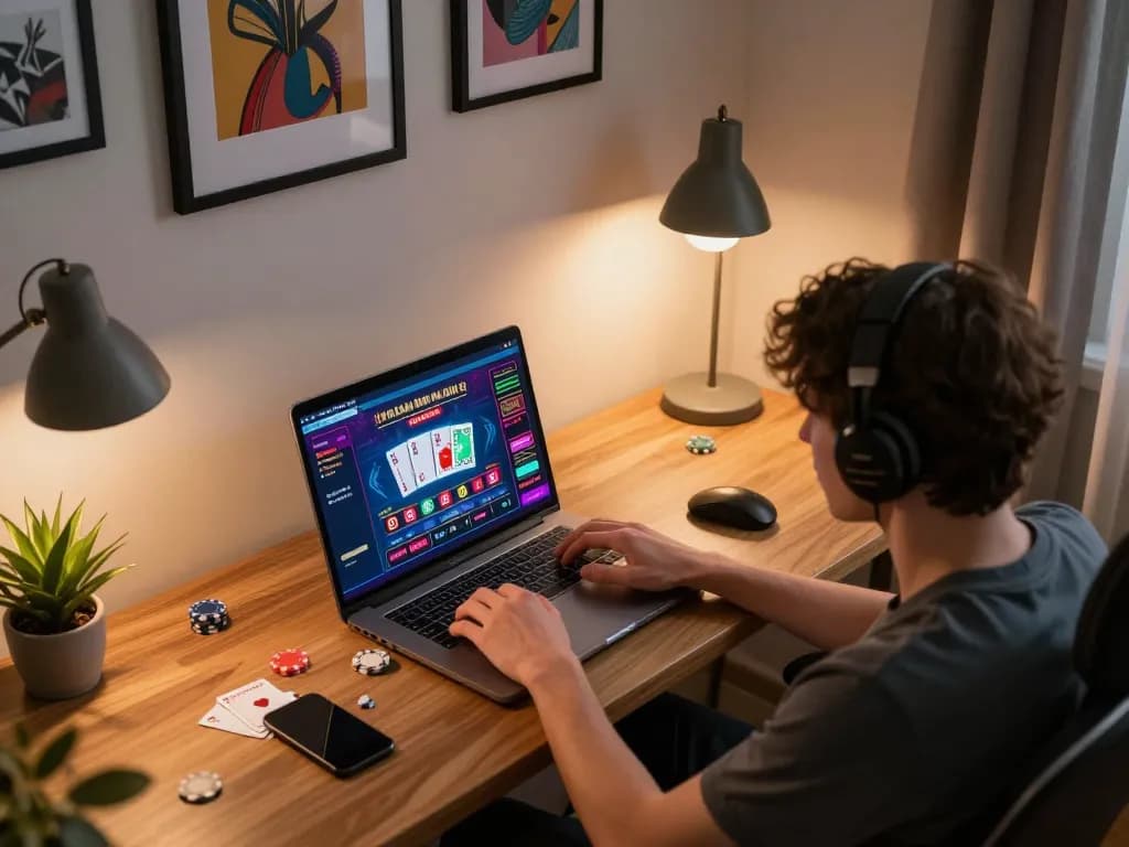 C168 player engaging with online casino strategies from a stylish home office setting