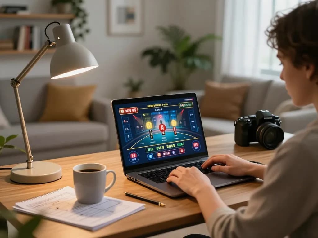 Nohu90 user enjoying responsible gambling at home with online casino games and strategy notes