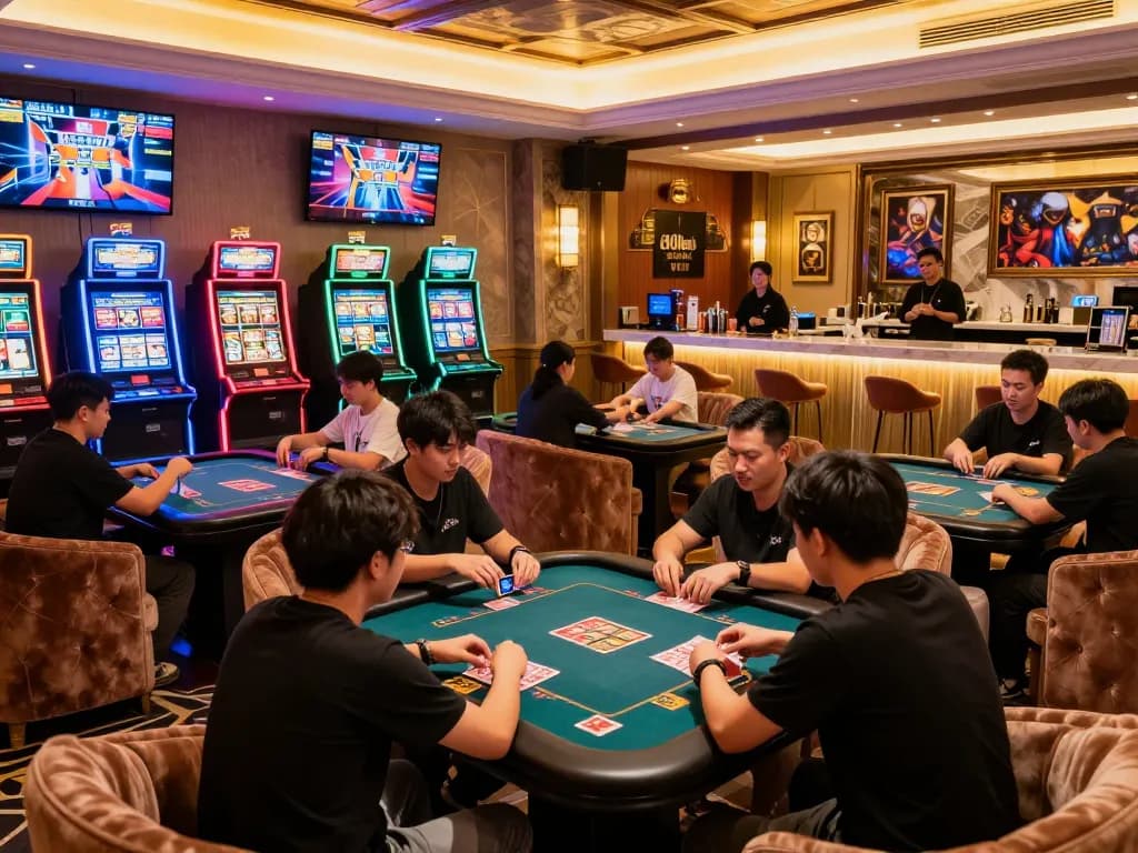 Experience the excitement of taihitclub in a luxurious gaming lounge with vibrant lighting and elite players.