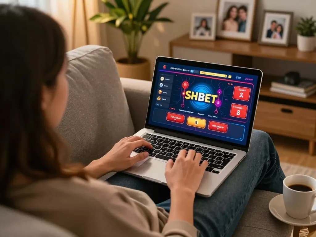 Engaging in online gambling on SHBET showcasing a vibrant casino interface from a cozy home setup.