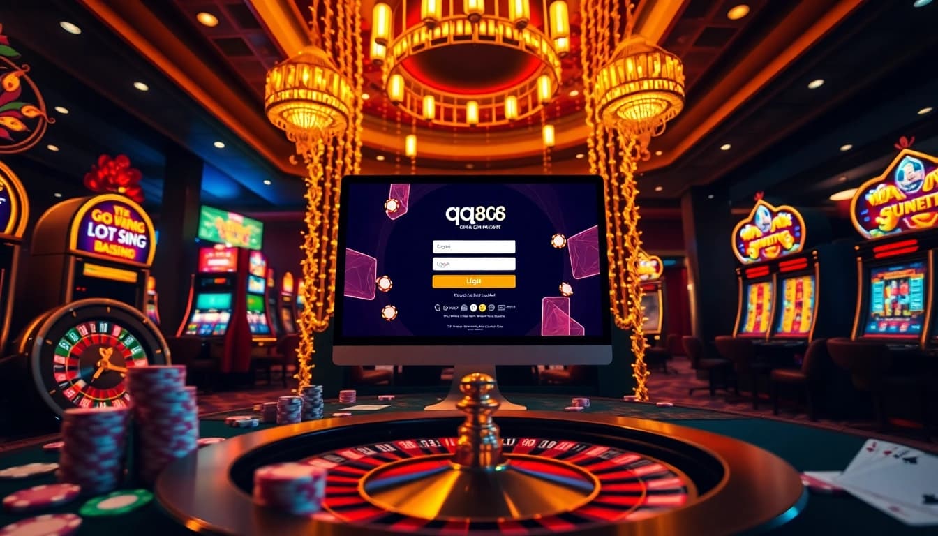 Login to đăng nhập qq88 with an exciting casino backdrop featuring gaming elements.