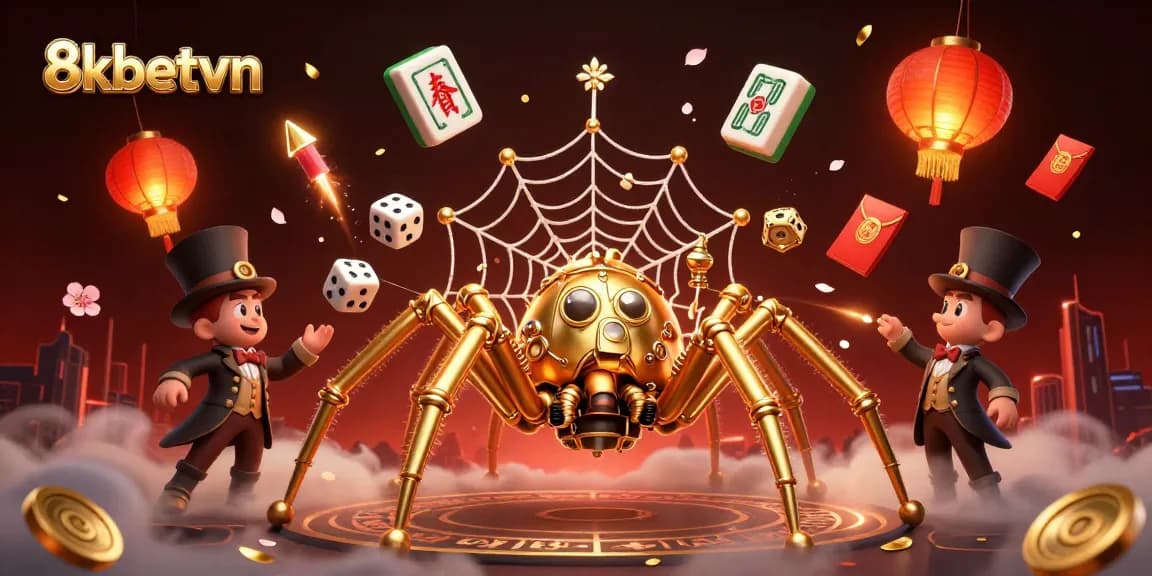 Try your luck with 8kbetvn at the steampunk casino, catching dice in a golden web amid festive elements.