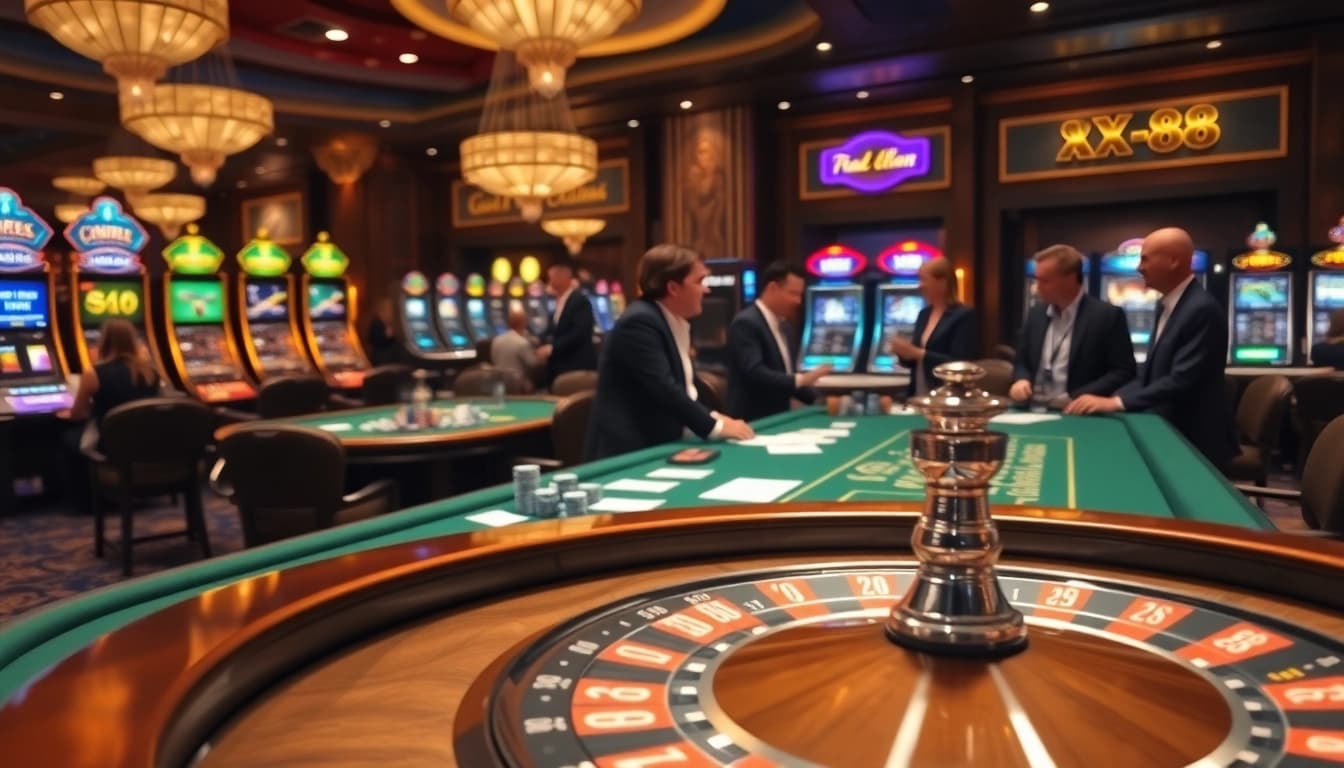 Players enjoying a thrilling casino experience at XX 88, with poker chips and a roulette wheel.