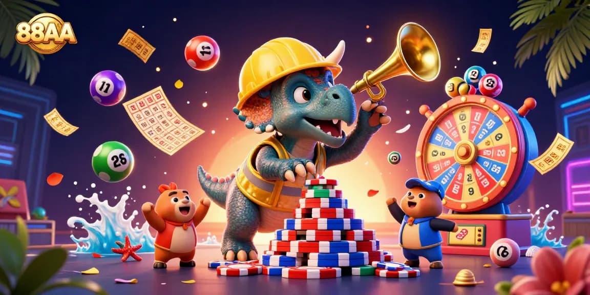 88AA players winning big with dynamic games in a festive casino illustration.