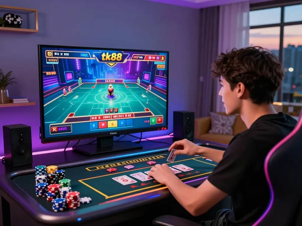 Exciting tk88 online gaming setup with player enjoying a live casino game, showing immersive graphics and vibrant ambiance.