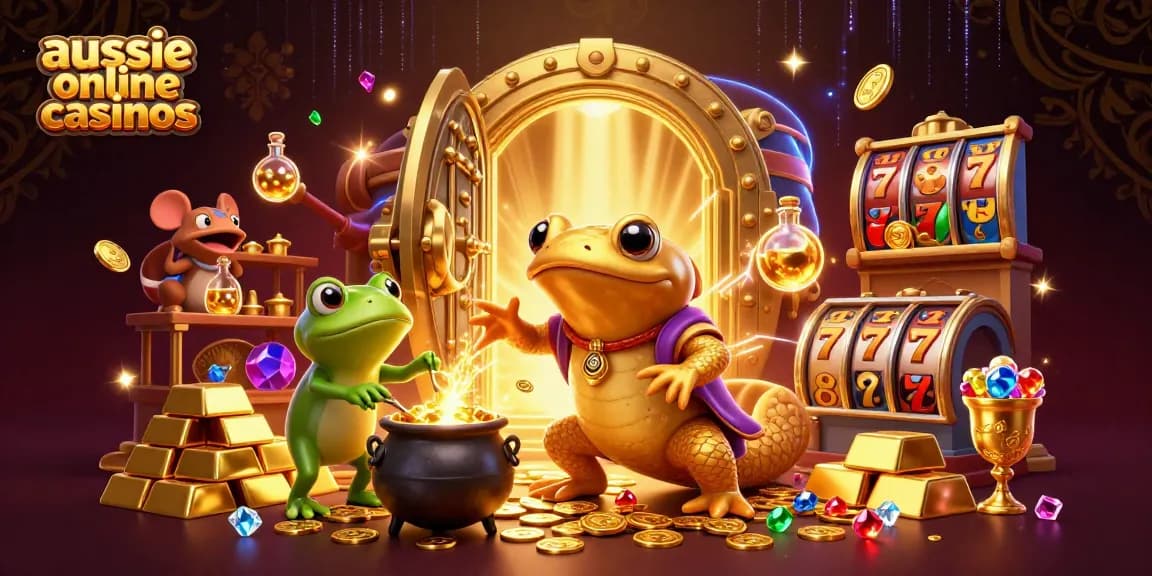 Engage with exciting aussie online casinos featuring a golden alchemist and a frog stirring gold.