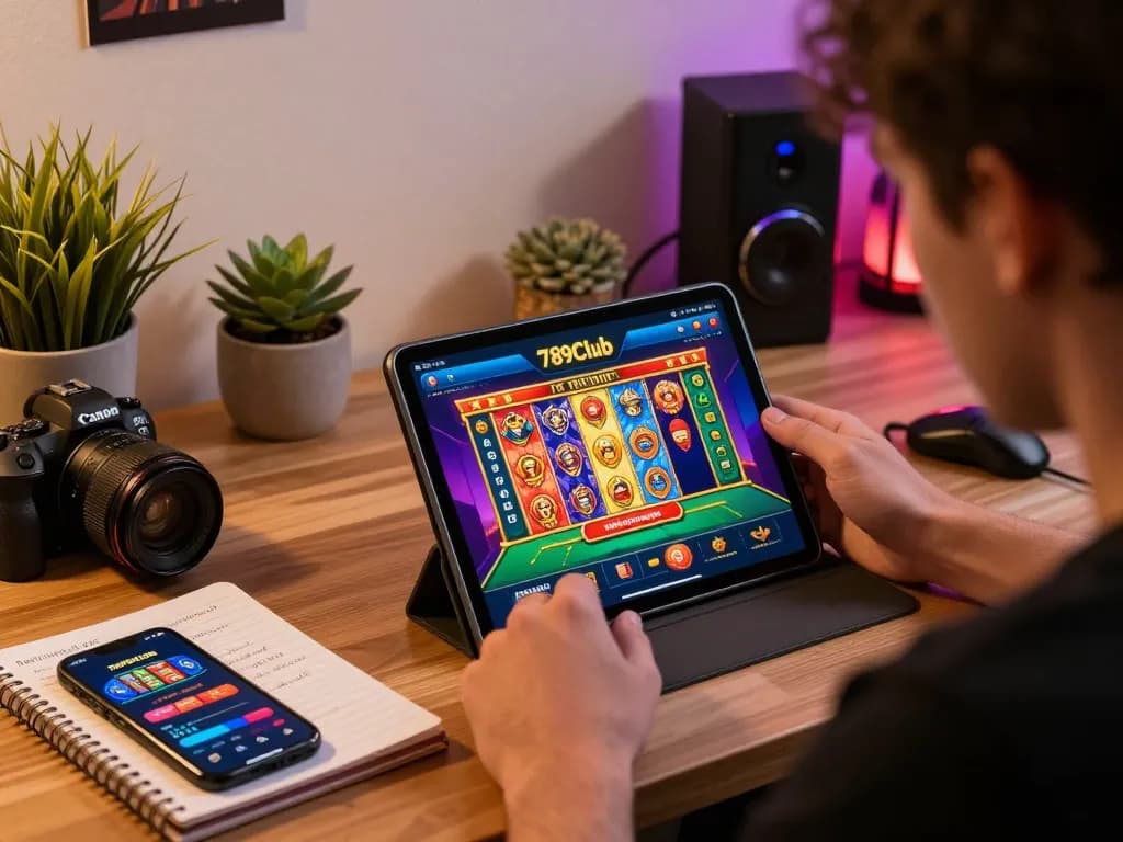 Engaged player using 789Club app on a tablet for online gaming strategies in a cozy room