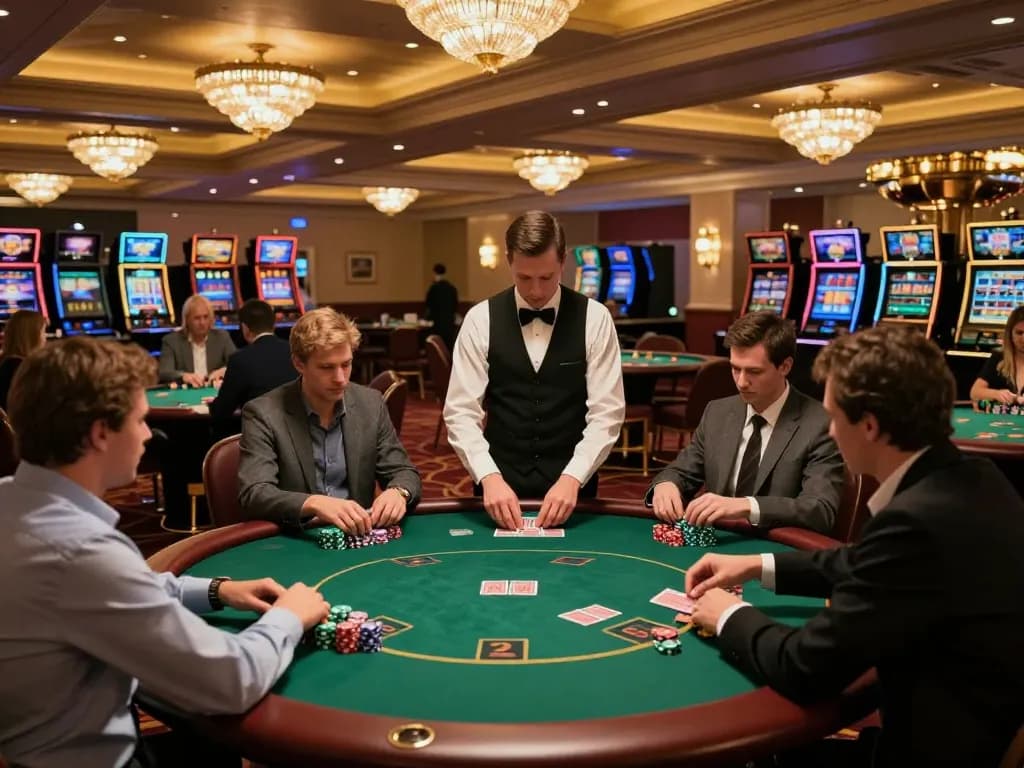 888NEW players enjoy an engaging poker game at a luxurious casino, showcasing dynamic gameplay and casino excitement.