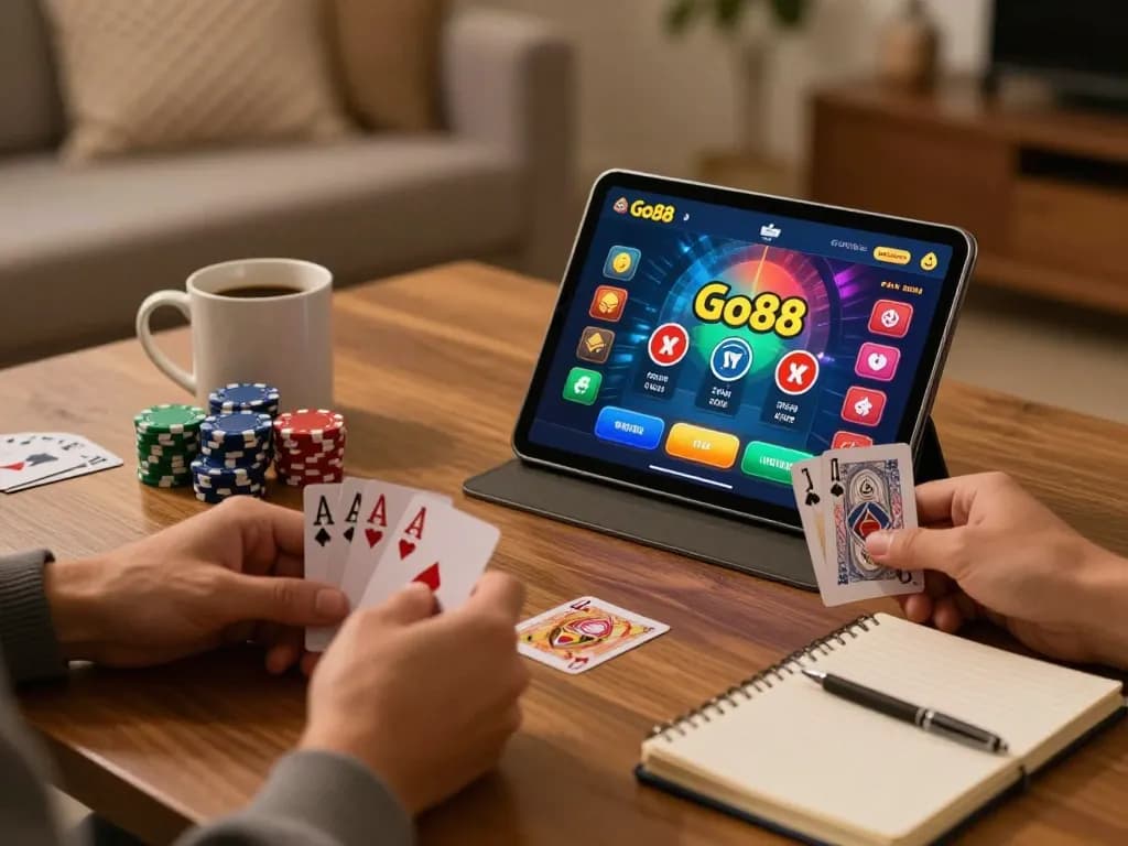 Playing poker using the Go88 app on a tablet in a cozy home setting, showcasing an engaging online gaming experience.