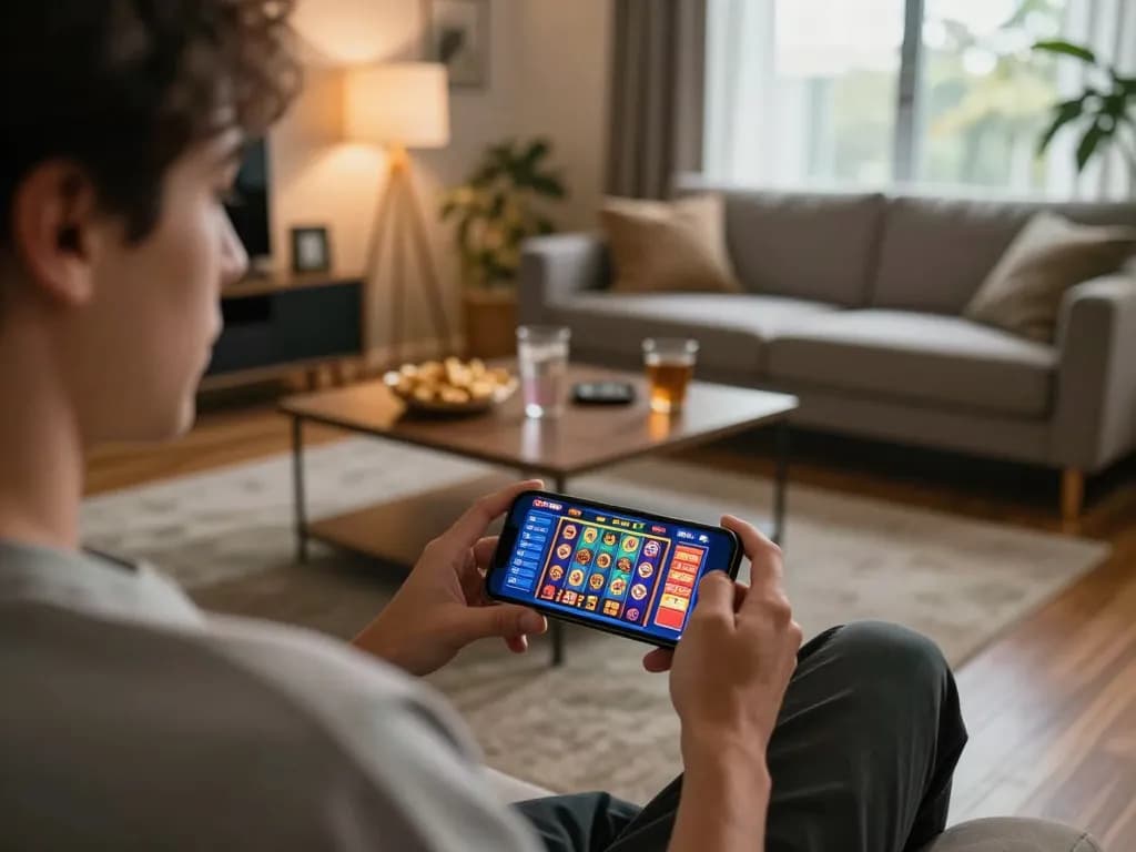 B52 Club player enjoying vibrant slot games on a smartphone in a cozy home environment
