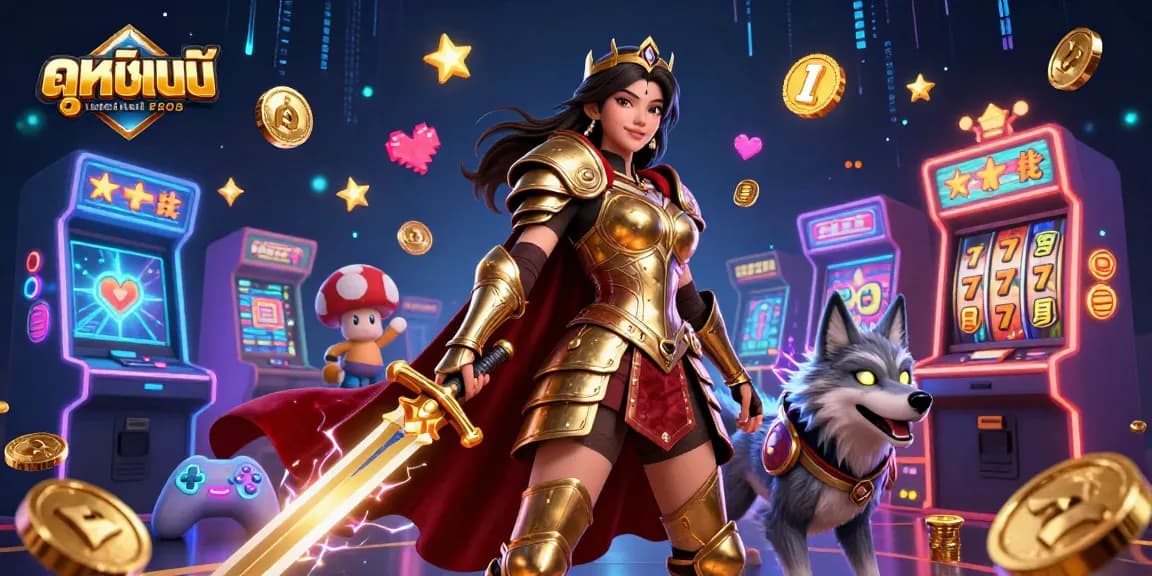 Experience ดูหนังออนไลน์ with a warrior queen and arcade slots in a magical, detailed scene.