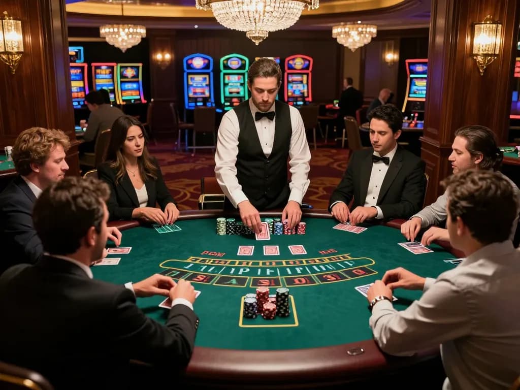Players engaging in a serious blackjack game at 9win casino with stacked chips and cards dealt.